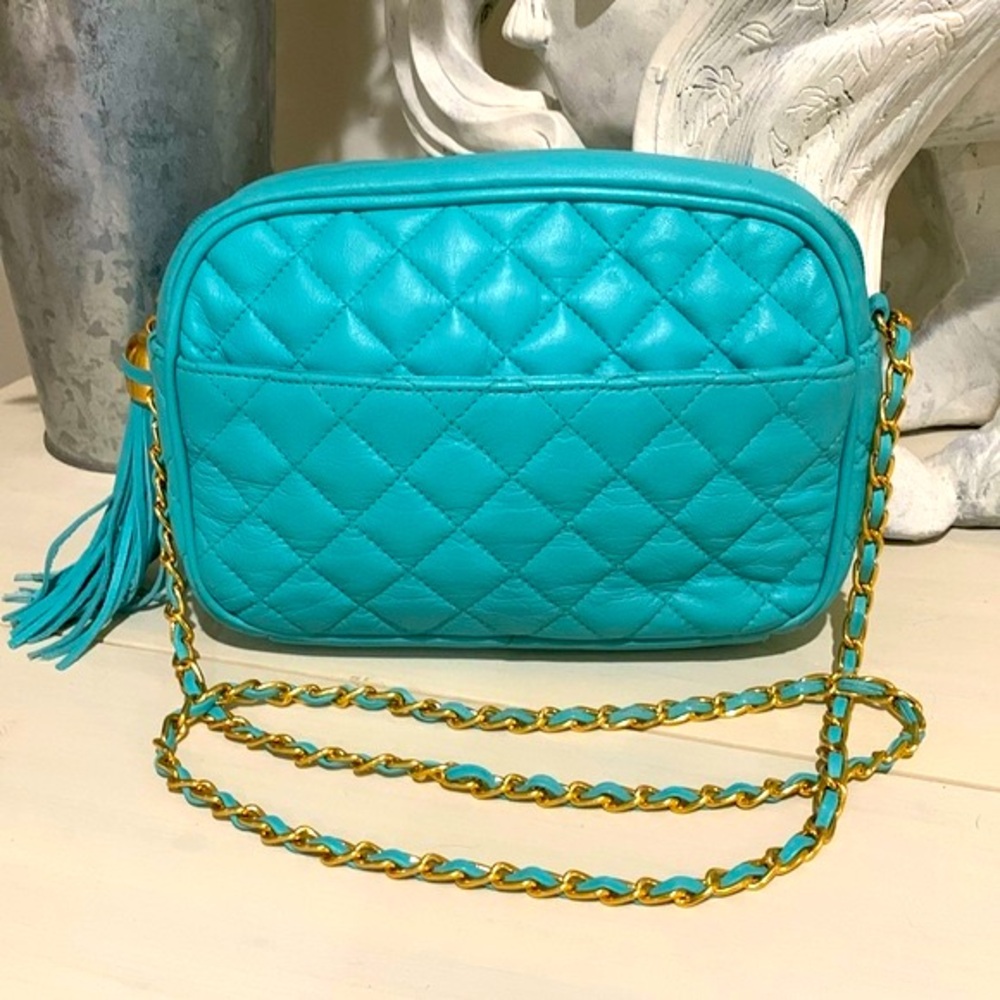 Vintage Quilted Lambskin Leather Camera Bag Turquoise Chanel Aesthetic